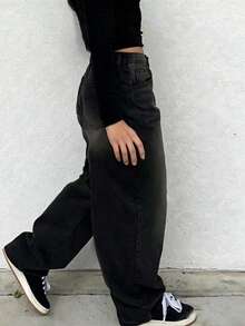Jeans de pierna recta de mezclilla gris para adolescentes - Negro - Ver 2