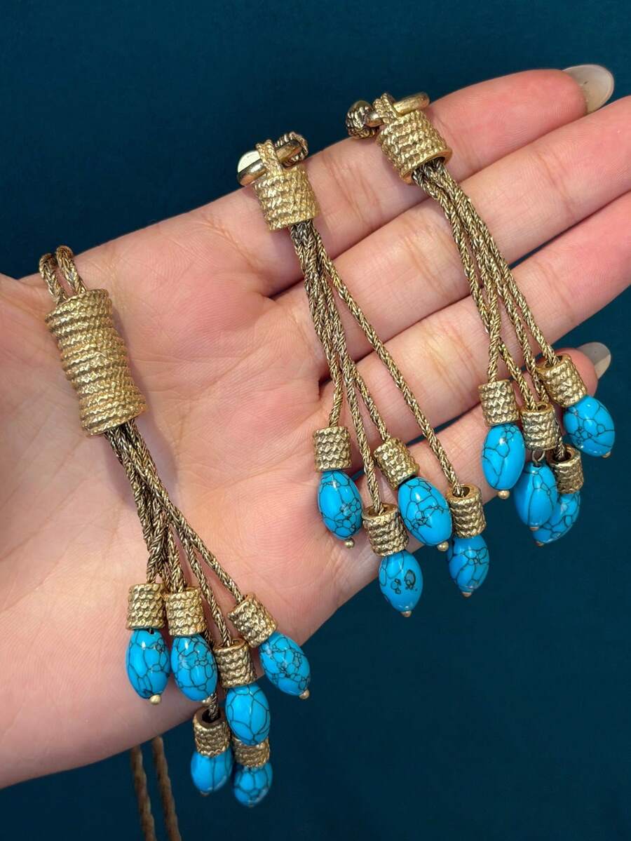 Vintage Copper Plated 18K Gold Bohemian Teardrop Pink Faux Crystal Turquoise Blue Pendant Rope Chain Necklace & Earrings Jewelry Set - Bronze - View 1