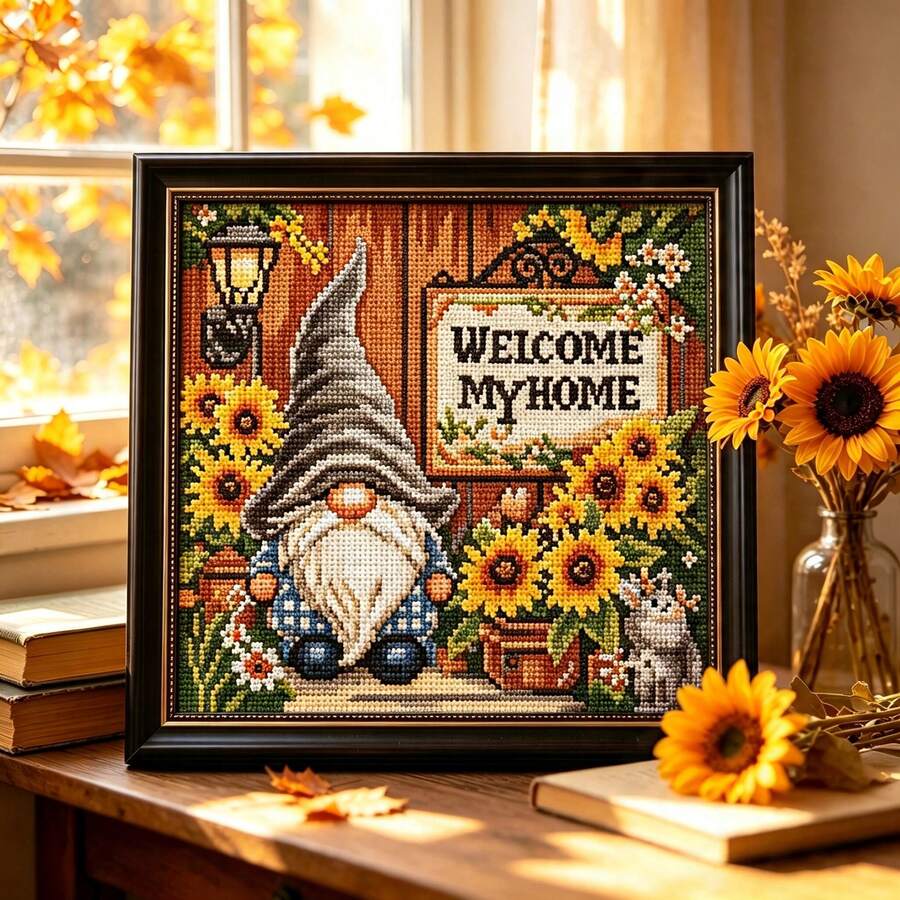1 Set Printed Cross Stitch Garden Gnome & Sunflower Full Material Kit 11CT Beginner Friendly DIY Door Sign Vintage Entryway Home Decor