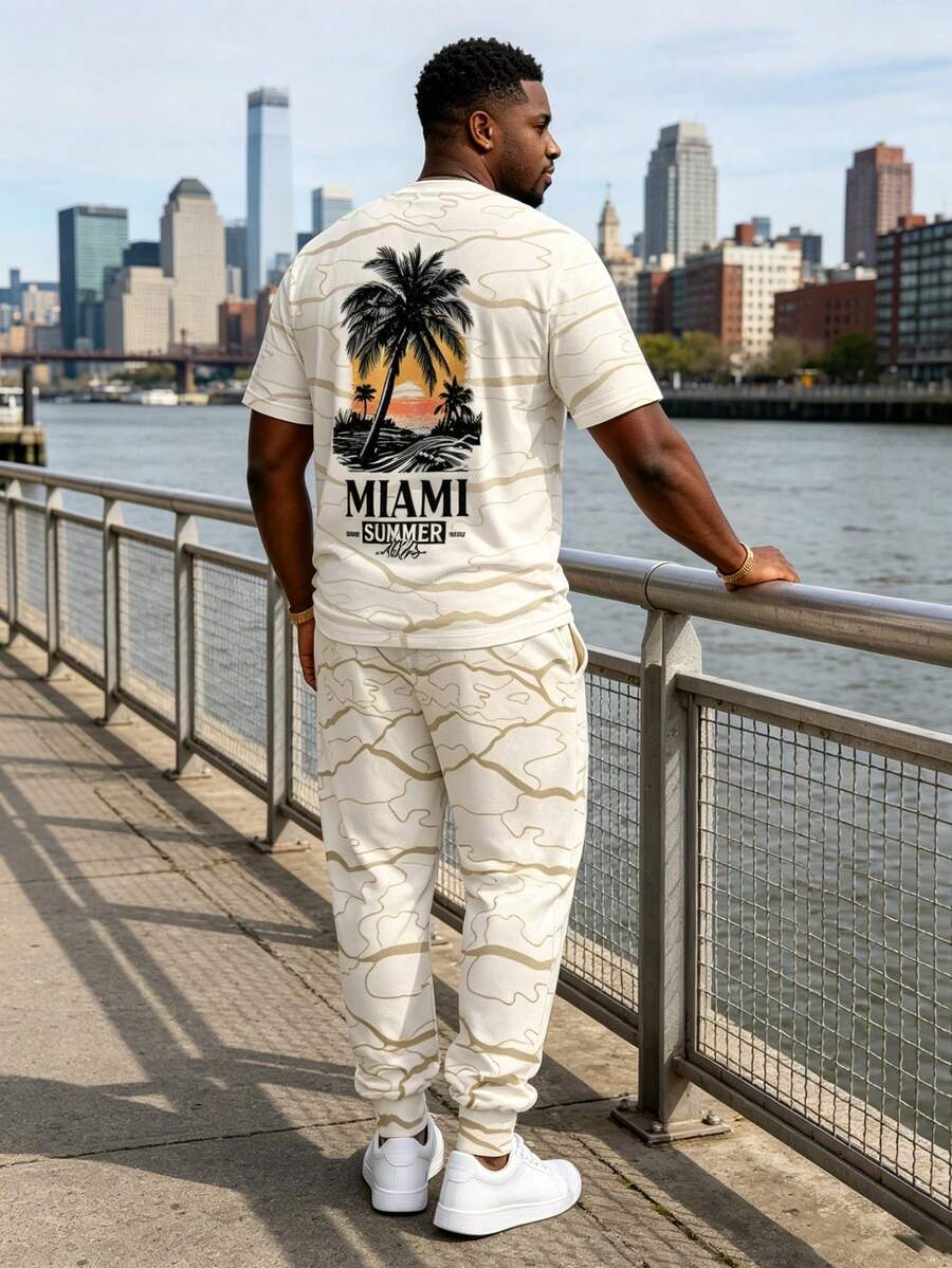 2-delat set för herrar i plus size, långbyxor och grafisk T-shirt, streetwear-serie med mönstret "Marble Texture Miami Palm Tree Sunset Landscape Print", polyestertyg, dragsko och fickor, passar för plus size - Aprikos - Visa 1