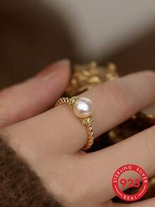 925 Sterling Silver Twisted Open Adjustable Ring For Women, Luxury Style - Gold - View 5