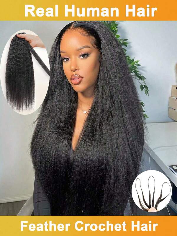 Kinky Straight Human Crochet Hair Bundles 24 Inch 50g Pre-Separated Feather Crochet Human Hair Miracle Knots Bundles Human Hair Natural Black