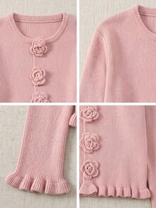 Cárdigan de punto rosa romántico con cuello redondo, decoración de botones con rosas 3D, mangas largas con volantes, estilo para brunch de vacaciones de otoño & paseo por la ciudad - Rosa - Ver 11