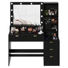 Devoko Modern Vanity Table With Mirror, LED Lighting With 3 Color Modes, 5 Drawers, Open Shelves, Jewelry Hooks And Integrated Power Outlet, Dressing Table For Bedroom, Black - View 5