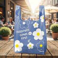 5/50/100件耐用塑料手提袋，印有「Happiness First」花卉圖案，加厚堅固，適合購物、禮品、收納，適用於小企業、雜貨店、烘焙店，適合母親節、婚禮季、開學季 - 藍色款 - 查看 8