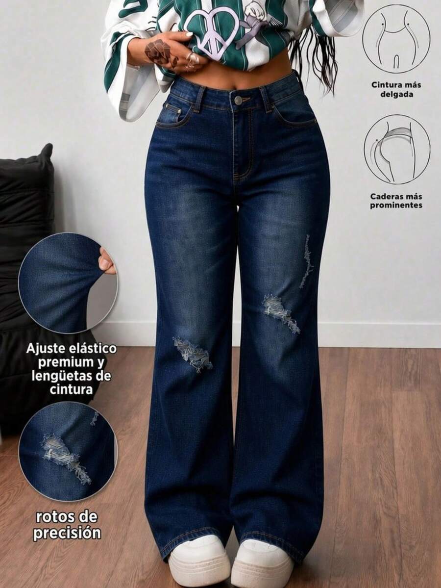 Pantalones rectos de mezclilla azul claro lavados con roturas, cintura media, elásticos y con caída elegante - Azul oscuro - Ver 1