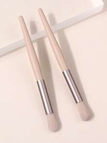 2PCS Highlight Brush Set,Cream Wooden Handle,Ultra Soft Fluffy Hair For Shimmer Highlight Application Glitter Pickup - Apricot - View 2