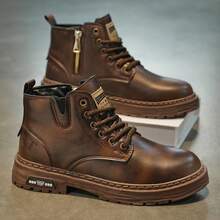 STARNOVO Men's Classic High-Top Leather Riding Boots, Lace-Up And Side Zipper Design, Vintage Style, Suitable For Street Fashion, Motorcycle Riding, Outdoor Work, And Daily Wear - Brown - View 4