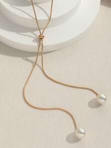 RAYQUEEN 1pc Stainless Steel Minimalist Long Snake Chain Faux Pearl Pendant Necklace, Versatile Sweater Chain For Women, Suitable For Daily Wear - Long Necklace - View 6