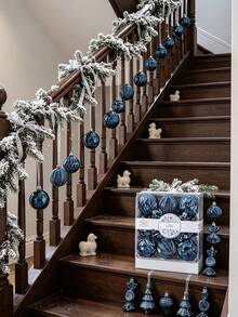 18pcs Deep Blue Metallic Christmas Ball Ornament Set, Shatterproof Christmas Hanging Balls With Candy, Mini Tree, Bow Shapes, Gold Star Tree Topper, Suitable For Christmas Tree, Holiday Party, Home Window, New Year Wedding Decoration - Dark Blue - View 2