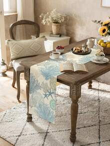 1pc Blue & White Coral Print Table Runner, Vacation Style Ocean Theme Faux Linen Woven Texture Stiff Fabric Rectangular Dining Table Cabinet Runner, Indoor Outdoor Decorative Table Runner, Suitable For All Seasons, Applicable For Daily, Wedding, Holiday Home Decor, Restaurant, Living Room, Dining Table Cabinet Decoration - Blue and White - View 8