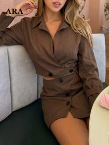 ARA CHIC Women's 2 Pieces Outfit Lapel Cropped Jacket & Asymmetric Button Mini Skirt Set,Fall Vintage Brown Co Ord Set Long Sleeve Casual Matching Suit - Brown - View 9