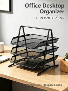Metal Mesh File Organizer With Drawers, 3-Tier Stackable Desktop Document Rack, Black Iron Letter Storage Stand For Office & Home Desk. - Black Three-layer Folder - View 1