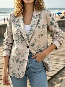 Blazer Wanita Lengan Panjang Motif Bunga dengan Kerah Terbuka, Jaket Depan Terbuka dengan Kantong Samping, Pakaian Luar Elegan untuk Kantor & Sehari-hari, Musim Semi, Musim Panas, Musim Gugur, Musim Dingin - Aprikot - View 5