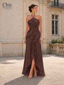 Brown:Brown Cross Halter Textured Ruffle Formal Maxi Dress - Brown - View 2