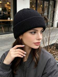 1pc Women's Casual Knitted Beanie, Double Layer Folded Thickened Skull Cap, Girls Skull Knit Hat, Autumn/Winter Warm Travel Outfit, Campus - Multicolor - View 4