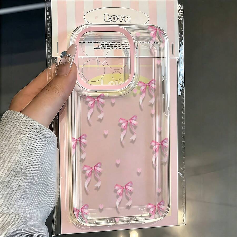 1pc Pink Heart Bow Cute Pattern Personalized Lens Frame Transparent Full Coverage Anti-Drop TPU Fashion Phone Case Compatible With IPhone 11 12 13 14 15 16 17 Pro Max/Plus 7/8/XR/XS Shockproof Protective Cover - Multicolor - View 1