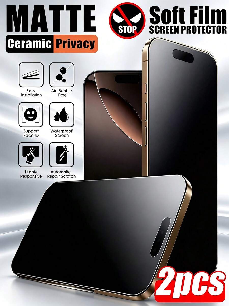 2 peças/Pacote - Protetor de Tela de Privacidade Cerâmica Fosca, Material Cerâmico, Textura Fosca Suave, Design de Privacidade Protege Efetivamente as Informações Pessoais e Previne Vazamentos, Filme Cerâmico Macio para as Mãos, Revestimento Oleofóbico Anti-Impressão Digital Bloqueia Efetivamente Manchas de Óleo e Suor, Propriedades Resistentes à Água, Fácil de Limpar. Compatível com iPhone 17e/17 Pro Max/17 Pro/17 Air/17/16 Pro Max/16 Pro/16 Plus/16/15 Pro Max/15/14/13/12 e Outros Modelos.