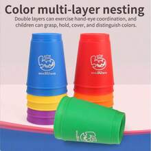 1 Set Large Size Stacking Cups Game (Includes Cards, 12 Cups, 1 Bell), Tabletop Game, Party Game, Color Sorting Cognitive Training Stacking Cups, Made Of Durable Material. Portable And Easy To Use, Play Anytime Anywhere. Develops Fast Thinking And Reaction Skills. - Multicolor - View 5