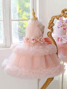 Young Girls Sleeveless 3D Plastic Flower Bow Mesh Birthday Party Cake Princess Dress Suitable For Wedding Flower Girl, Detachable Flower Waistband, Headband Not Included - Baby Pink - View 7