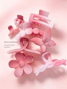This Set Of 8 Hair Clips Features Floral, Butterfly, And Geometric Patterns, In Pink And Solid Color Gradients. Suitable For Both Girls And Women, These Are Essential Items For Everyday Hairstyles, Suitable For All Seasons - One Size - View 1