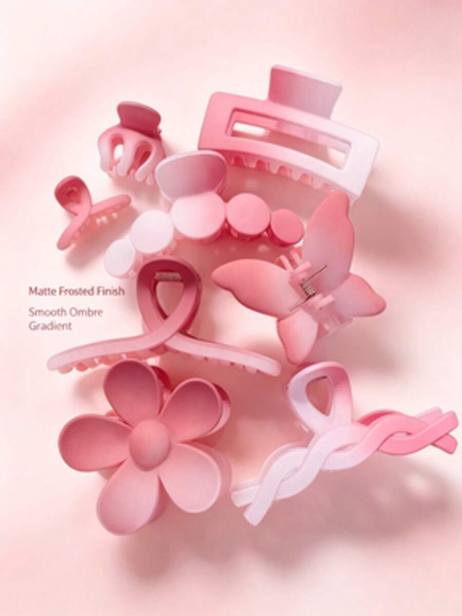 This Set Of 8 Hair Clips Features Floral, Butterfly, And Geometric Patterns, In Pink And Solid Color Gradients. Suitable For Both Girls And Women, These Are Essential Items For Everyday Hairstyles, Suitable For All Seasons - One Size - View 1