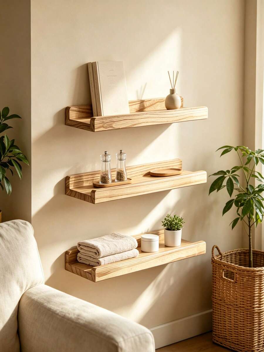 1/2/3pcs Vintage Wooden Wall Decor Shelves, Floating Shelves With Stoppers, Bohemian Style Bathroom And Kitchen Wall Racks, Room Decor, Home Decor, Bedroom Decor, Wall Decor, Easy To Install, Suitable For All Seasons, Applicable For Bedroom, Living Room, Kitchen, Bathroom, Office - Wood Color - View 1