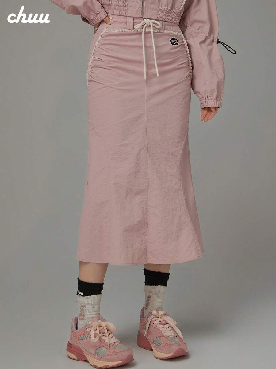 CHUU Lace Patchwork Embroidered Bodycon Skirt Women Autumn Grey Pink Basic College Mermaid Skirt - Dusty Pink - View 1