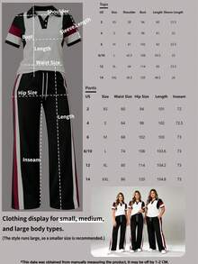 Damen Frühling/Herbst neues Polokragen Kurzarm Farbblock T-Shirt mit lässiger täglicher elastischer Taille lockere Hose 2-teiliges Set, Sommer Sport Schwarz - Schwarz - Übersicht 7