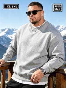 Plus Size Men's Autumn/Winter Minimalist Crew Neck Sweatshirt | All-Match Versatile Casual Top | Streetwear Layering Essential Sports - Light Grey - View 1