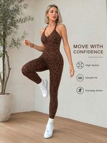 Women's Leopard Print V-Neck Halter Neck Sports Jumpsuit, High Elastic Ribbed Slim Fit Yoga Outfit, Slimming One-Piece Workout Suit Summer - Coffee Brown - View 5