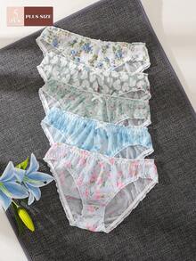 5pcs/Pack - Fresh Floral Heart Mesh Plus Size Women's Triangle Panties With Ruched Waistband And Mini White Bow, Full Coverage, Anti-Chafing, Japanese Pastoral Girly Style, Soft Spring/Summer Vibe, Versatile Underwear - Multicolor - View 1