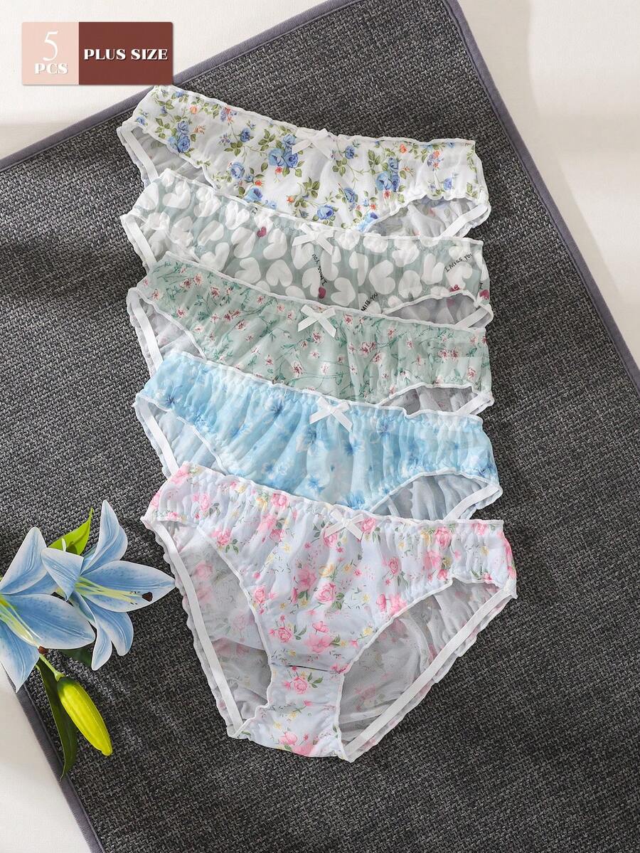 5pcs/Pack - Fresh Floral Heart Mesh Plus Size Women's Triangle Panties With Ruched Waistband And Mini White Bow, Full Coverage, Anti-Chafing, Japanese Pastoral Girly Style, Soft Spring/Summer Vibe, Versatile Underwear - Multicolor - View 1