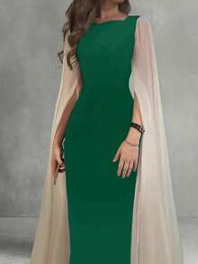 New Arrival Women's Color Block Square Neck Elegant Fitted Long Dress, Spring/Summer - Green - View 4