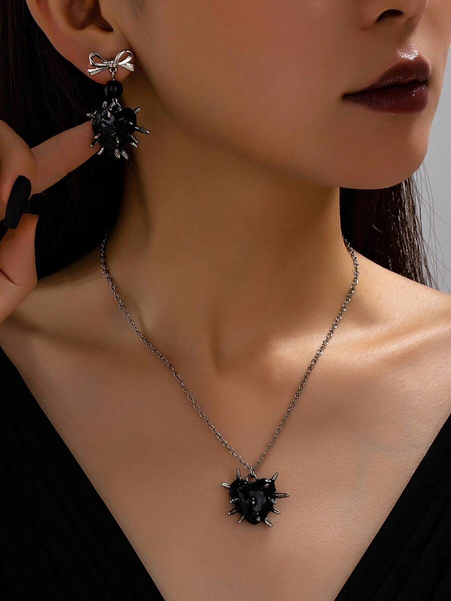 1 Set Fashion Punk Gothic Style Bow Knot Thorn Spike Heart Enamel Necklace & Earrings Set, Hot Girl Daily Party Matching Jewelry Set - Thorn Heart Bow Necklace and Earring Set - View 1
