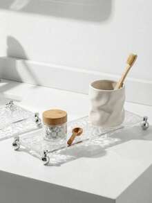 1 pieza Soporte de almacenamiento para cepillo de dientes con espejo con diseño de piedra y bola de madera, estilo francés minimalista, bandeja acrílica para maquillaje para el baño - Blanco - Ver 2