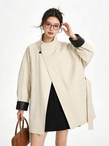 Commuter Versatile Premium Purple Stand Collar Mid-Length Trench Coat Button-Up Jacket, Suitable For Campus, Office, Daily Wear In Spring And Autumn - Khaki - View 8