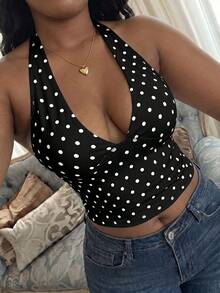 Women's Solid Color Polka Dot Spaghetti Strap Top, Deep V-Neck Pleated Fitted Sleeveless Backless Cropped Tank Top, Sexy Hot Girl Style Party Vacation Beach Summer Camisole - Black - View 5