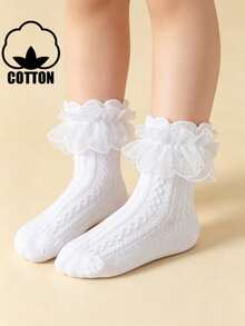1 Pair Cotton Baby Girl Toddler Solid Color Lace Trim Socks, Princess Style Dance Socks, Short Socks - White - View 6