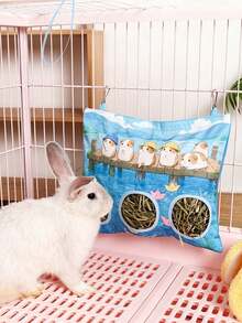 1pc Large 3-Hole Hanging Polyester Feeding Bag, Cute Blue Print Dual-Hole Rabbit Hay Bag, Washable, Cage-Specific, Space-Saving, Suitable For Rabbits, Guinea Pigs, And Other Small Animals, Hamster Supplies, Rabbit Pet Supplies - D - View 6