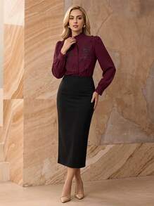 All-Season Burgundy 3D Floral Embroidered Ruffle Trim Blouse, Business Elegant Style For Wedding And Commute Vacation - Burgundy Red - View 1