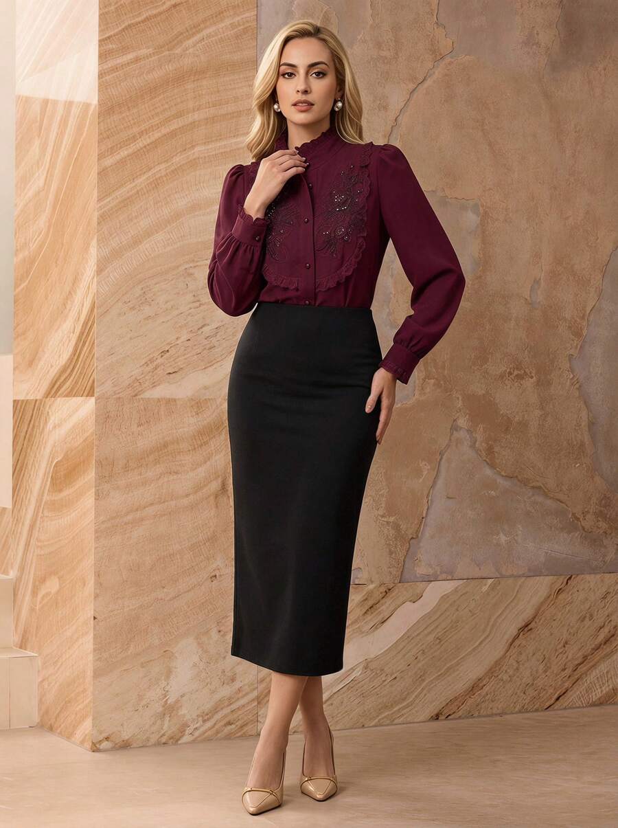 All-Season Burgundy 3D Floral Embroidered Ruffle Trim Blouse, Business Elegant Style For Wedding And Commute Vacation - Burgundy Red - View 1