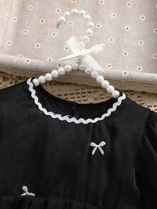 1pc Baby Girl Mesh Embroidered Bow Dress, Spring/Autumn Versatile Formal Gown, Full Moon Celebration Outfit - Black - View 4