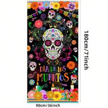 1 Peça Cortina de Porta Estilo Mexicano com Caveira de Açúcar e Padrões Florais para Decoração de Festa do Dia dos Mortos, Feita de Material de Poliéster, Adequada para Decorações de Festa de Halloween, Decorações de Varanda, Etc. - A - Visão 3