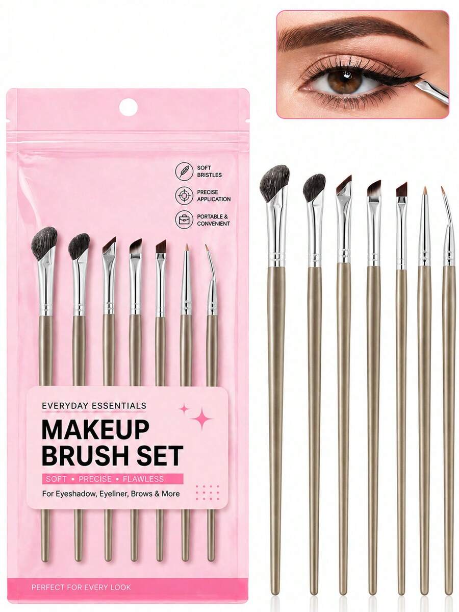 7pcs/1pc Eye Makeup Brush Set With Pink Storage Bag, Includes Soft Synthetic Fiber Eyeshadow Brushes, Eyeliner Brushes, Eyebrow Brushes, Portable Precision Makeup Brush Set, Suitable For Blending, Shading, Crease, Detailed Eyeliner, Eyebrow Definition, Nose Contouring And Daily Makeup - Multicolor - View 1