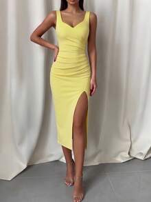 Vestido Maxi Elegante y Sexy con Tirantes de Espagueti, Fruncido, Abertura Asimétrica, Ajustado, Amarillo, para Mujer, Noche, Discoteca, Cóctel y Fiesta - Amarillo - Ver 7
