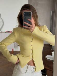 FOR BEAUTY 秋冬女款 Y2K 優雅 Polo 領鈕扣開襟純色長袖細針織開襟衫上衣 適合校園、辦公室、返校日 黃色 - 黃色 - 查看 1