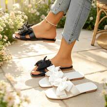 女款大蝴蝶結裝飾雙帶式一腳蹬涼鞋，露趾平底休閒夏季日常戶外拖鞋 - 白色 黑色 - 查看 17