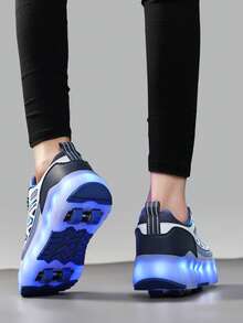 Unisex LED Rechargeable Light-Up Roller Shoes, Children's Multi-Functional Transformable Roller Skates With Detachable Wheels, Suitable For All Seasons, Outdoor And Sports Skating - Blue - View 7