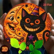 1 pièce Panneau métallique rond vintage américain d'Halloween, chapeau de sorcière, chat noir avec lune croissante anthropomorphique souriante, citrouille, étoile, imprimé de dessin animé, couleurs rétro orange et jaune, plaque murale métallique suspendue pour entrée de fête, salon, thème de vacances - Multicolore - Voir 4